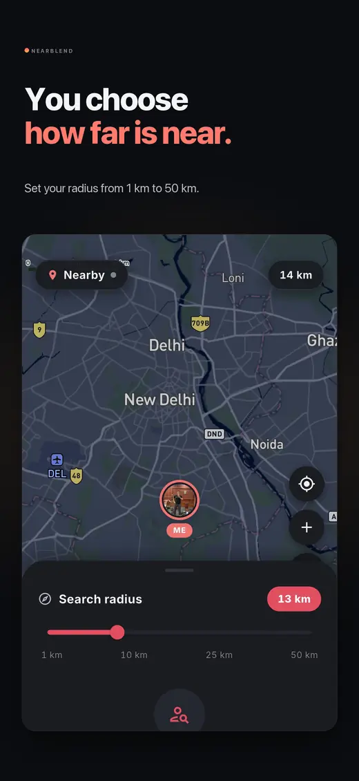 You choose how far is near: a map with the search radius set to 13 km.